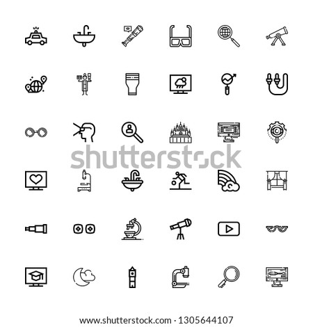 Editable 36 view icons for web and mobile. Set of view included icons line Monitor, Search, Microscope, Big ben, Night mode, Television, Glasses, Youtube, Telescope on white background