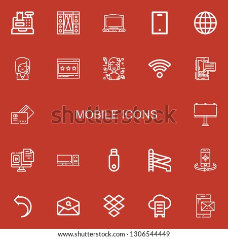 Editable 22 mobile icons for web and mobile. Set of mobile included icons line Cash register, Stage, Laptop, Mobile, Internet, Call center, Browser, Hologram on red background