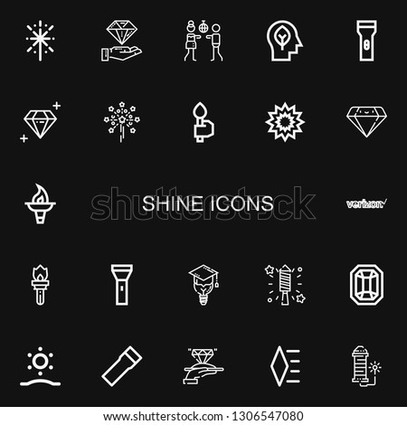 Editable 22 shine icons for web and mobile. Set of shine included icons line Fireworks, Diamond, Disco, Inspiration, Flashlight, Torch, Explosion, Verizon on black background