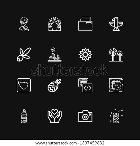 Editable 16 abstract icons for web and mobile. Set of abstract included icons line Owl, Camera, Heart, Water, Processor, Code, Pineapple, Badoo, Wind, Explosion on black background