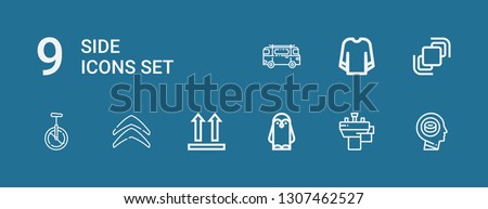 Editable 9 side icons for web and mobile. Set of side included icons line Head, Basin, Penguin, Side up, Citroen, Monocycle, Hidrive, Sweatshirt, Minibus on blue background