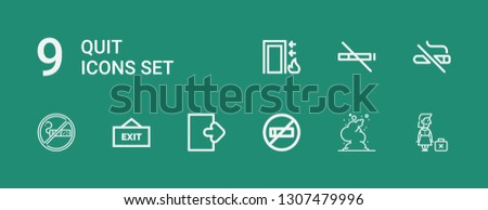 Editable 9 quit icons for web and mobile. Set of quit included icons line Dismissed, Smoke, No smoking, Logout, Exit, Smoking, No smoke on green background