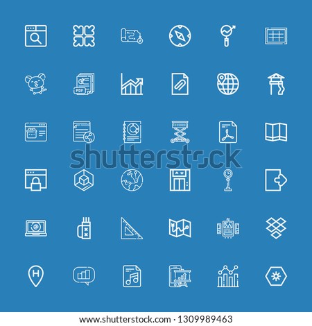 Editable 36 arrow icons for web and mobile. Set of arrow included icons line Day, Analysis, Analytics, File, Location, Dropbox, Ui, Map, Set square, Quiver on blue background