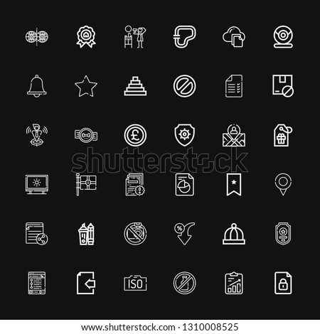 Editable 36 mark icons for web and mobile. Set of mark included icons line File, No alcohol, Iso, Document, Tracking, Badge, Baby hat, Discount, No camera on black background