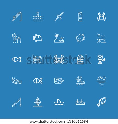 Editable 25 fishing icons for web and mobile. Set of fishing included icons line Fish, Pier, Shark, Net, Fishing, Sea, Ice Sleeping bag, Crab, Camping on blue background