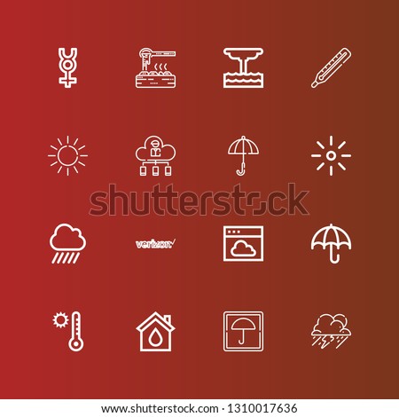 Editable 16 climate icons for web and mobile. Set of climate included icons line Storm, Umbrella, Eco house, Temperature, Cloud, Verizon, Rain, Brightness, Sun, Thermometer on red