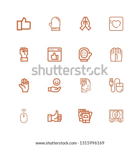 Editable 16 finger icons for web and mobile. Set of finger included icons line Orthopedic, Gloves, Like, Mouse, Memorize, Hand, Glove, Badoo on white background