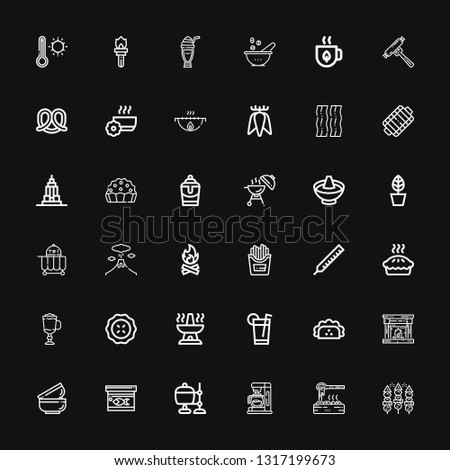 Editable 36 hot icons for web and mobile. Set of hot included icons line Bbq, Heater, Coffee machine, Crucible, Fish food, Bowls, Fireplace, Taco, Drink, Oven on black background