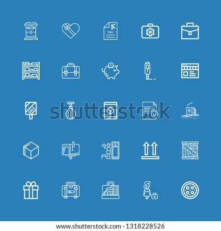 Editable 25 box icons for web and mobile. Set of box included icons line Pizza, Dismissed, Suitcase, Briefcase, Gift, Package, Side up, Lockers, Mailbox, d cube on blue background