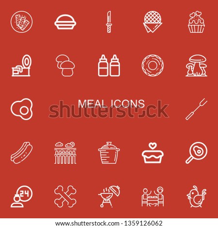 Editable 22 meal icons for web and mobile. Set of meal included icons line Chocolate bar, Pie, Knife, Stroopwafel, Cupcake, Tin, Mushroom, Sauces, Donut, Mushrooms on red background