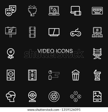 Editable 22 video icons for web and mobile. Set of video included icons line Theatre, Learning, Youtuber, Electronics, Vga, Billboard, Film, Television, Joystick on black background