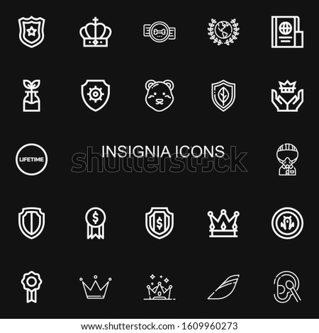 Editable 22 insignia icons for web and mobile. Set of insignia included icons line Police badge, Crown, Badge, Award, Passport, Reuse, Antivirus, Polar bear on black background