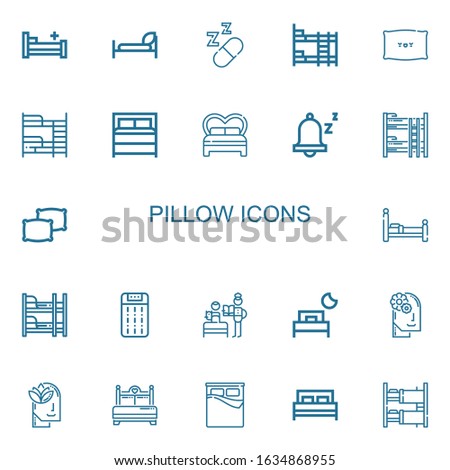 Editable 22 pillow icons for web and mobile. Set of pillow included icons line Hospital bed, Bed, Sleeping, Bunk bed, Pillow, Snooze, Pillows, Mattress, Bedtime on white background