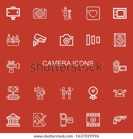 Editable 22 camera icons for web and mobile. Set of camera included icons line Selfie stick, Photography, Photographer, Badoo, Graphic tablet, Picnic, Cctv, Camera on red background