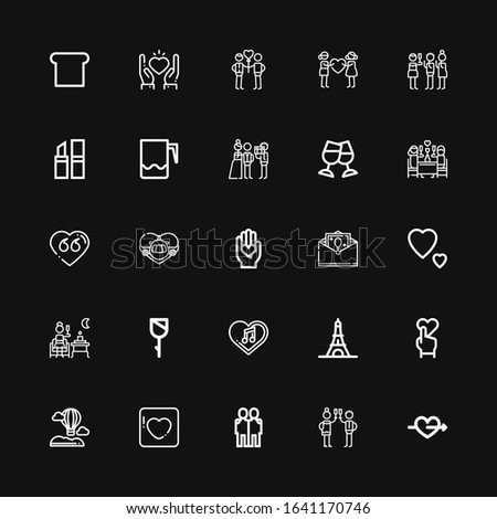 Editable 25 romantic icons for web and mobile. Set of romantic included icons line Cupid, Toast, Hugging, Badoo, Hot air balloon, Heart, Eiffel tower, Rose on black background
