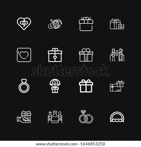Editable 16 valentine icons for web and mobile. Set of valentine included icons line Ring, Rings, Romantic dinner, Gift, Gift card, Couple, Badoo, Broken heart on black background