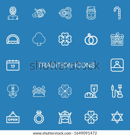 Editable 22 tradition icons for web and mobile. Set of tradition included icons line Wrestler, Ring, Thai, Leprechaun, Candy cane, Clover, Wedding rings, Open on blue background