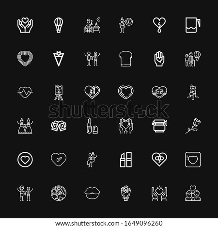 Editable 36 romantic icons for web and mobile. Set of romantic included icons line Couple, Heart, Bouquet, Lips, Holden, Badoo, Broken heart, Lipstick, Newlyweds on black background