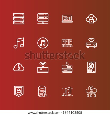 Editable 16 server icons for web and mobile. Set of server included icons line Cloud, Music, Database, Security, Ssl, Server, Modem, Zip cloud, Router, Servers, Itunes on red