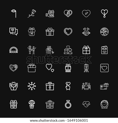 Editable 36 valentine icons for web and mobile. Set of valentine included icons line Bride, Heart, Ring, Gift, Gift card, Romantic dinner, Badoo, Wedding sign on black background