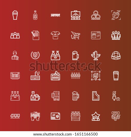Editable 36 company icons for web and mobile. Set of company included icons line Team, Teamwork, Beer, d, Keyboard, Carrier, Dismissed, Pattern, Beers, Sphere, Eagle, Emblem on red