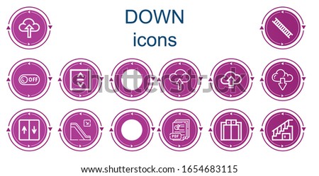 Editable 14 down icons for web and mobile. Set of down included icons line Upload, Ladder, Off, Lift, Stairs, Download, Elevator, Escalator, Pdf