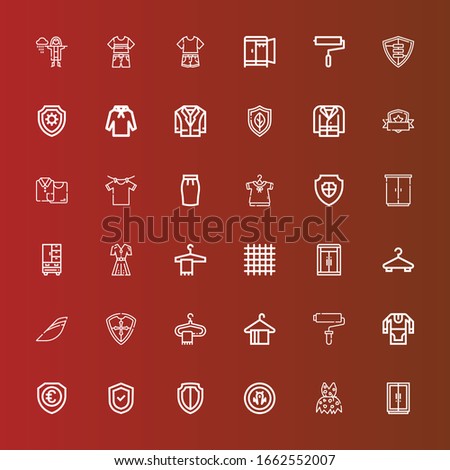 Editable 36 coat icons for web and mobile. Set of coat included icons line Wardrobe, Clothing, Shield, Tunic, Paint roller, Hanger, Iberia, Cloth, Fashion, Skirt, Clothes hanger on red