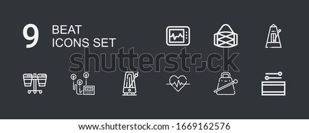 Editable 9 beat icons for web and mobile. Set of beat included icons line Drum, Cowbell, Heartbeat, Metronome, Heart rate, Electrocardiogram on dark background