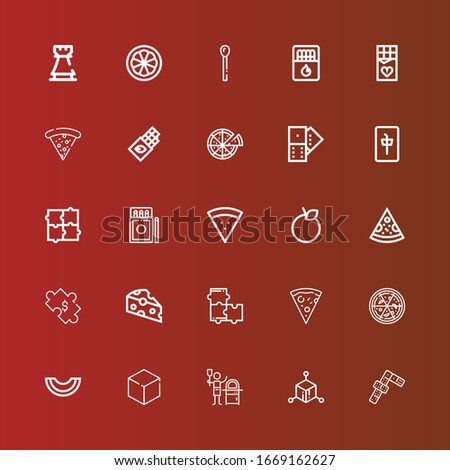 Editable 25 piece icons for web and mobile. Set of piece included icons line Dominoes, Cube, Pizza, Melon, Puzzle, Cheese, Orange, Matches, Mahjong, Domino, Chocolate, Match on red