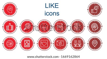Editable 14 like icons for web and mobile. Set of like included icons line Success, Like, Favorites, Happy, Done, Favorite, Thumb down, Badoo, Recommendation, Communications