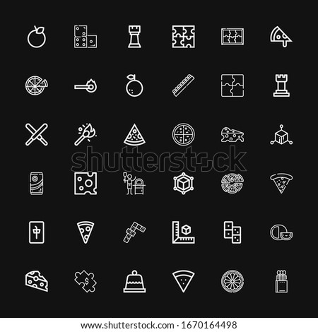 Editable 36 piece icons for web and mobile. Set of piece included icons line Matches, Orange, Pizza, Dessert, Puzzle, Cheese, Domino, Cube, Dominoes, Pizza slice on black background