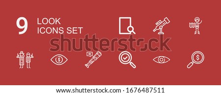 Editable 9 look icons for web and mobile. Set of look included icons line Search, View, Telescope, Eye, Detective, Explorer on red background