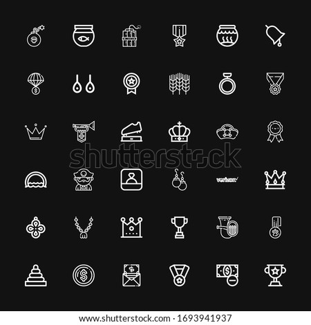 Editable 36 gold icons for web and mobile. Set of gold included icons line Trophy, Money, Medal, Rings, Tuba, Crown, Pendant, Verizon, Earrings, Ring, Pirate on black background