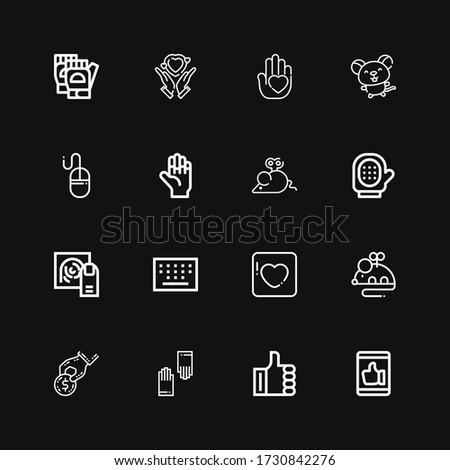 Editable 16 finger icons for web and mobile. Set of finger included icons line Like, Gloves, Donate, Mouse, Badoo, Keypad, Fingerprint, Glove, Hand, Hands on black background