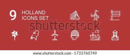 Editable 9 holland icons for web and mobile. Set of holland included icons line Dutch, Windmill, Stroopwafel, Holland, Rotterdam on red background