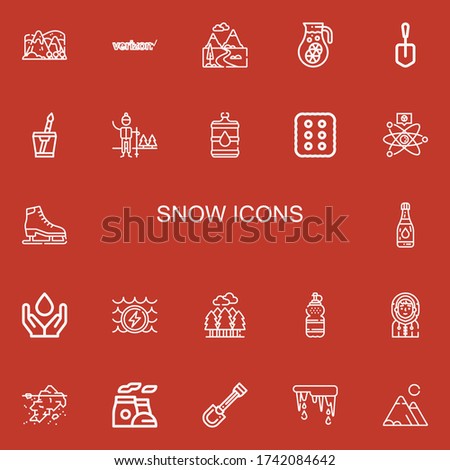 Editable 22 snow icons for web and mobile. Set of snow included icons line Hill, Verizon, Mountains, Water, Shovel, Snow, Cracker, Cold fusion, Ice skate, Forest on red background