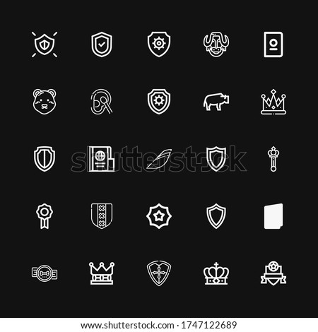 Editable 25 insignia icons for web and mobile. Set of insignia included icons line Badge, Crown, Shield, Passport, Scepter, Iberia, Bison, Cotton, Polar bear on black background