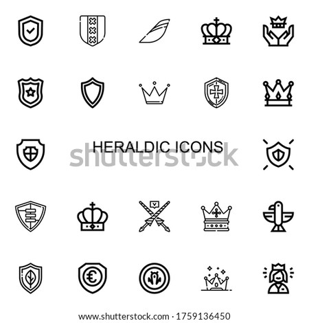 Editable 22 heraldic icons for web and mobile. Set of heraldic included icons line Shield, Iberia, Crown, Police badge, Lance, Eagle, Queen on white background