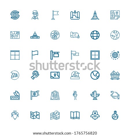Editable 36 america icons for web and mobile. Set of america included icons line Earth globe, Cowboy hat, Map, Planet, Eagle, Soldier, Flag, Headdress, Wagon on white background