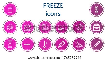 Editable 14 freeze icons for web and mobile. Set of freeze included icons line Refrigerator, Mercury, Iceberg, Arctic, Ice skate, Igloo, Portable fridge, Freezer, Verizon, Thermometer
