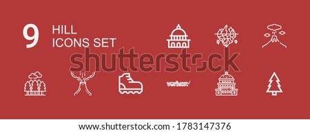 Editable 9 hill icons for web and mobile. Set of hill included icons line Forest, Capitol, Verizon, Climbing, Volcano, Iceberg on red background