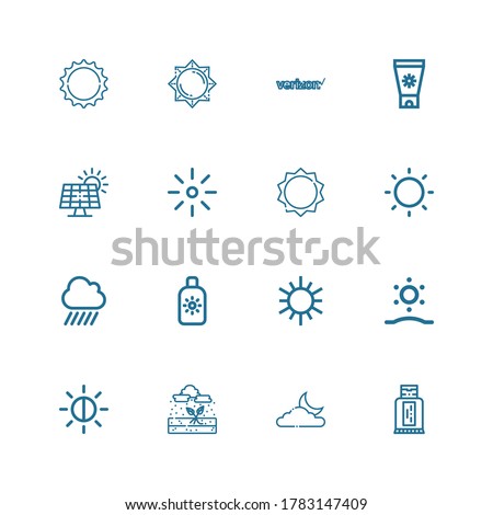 Editable 16 sunlight icons for web and mobile. Set of sunlight included icons line Sunblock, Moon, Rain, Brightness, Sunrise, Sun, Sun cream, Solar panel, Verizon on white background