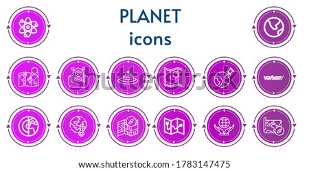 Editable 14 planet icons for web and mobile. Set of planet included icons line Solar system, Earth, Map, Alien, Ufo, World, Verizon, Planet, Global warming