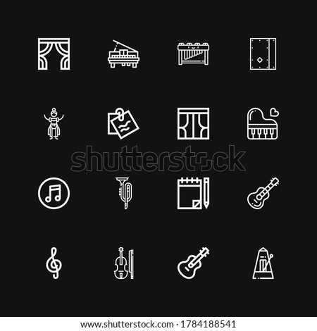 Editable 16 classical icons for web and mobile. Set of classical included icons line Metronome, Guitar, Violin, Note, Trumpet, Itunes, Piano, Curtains, Dancer on black background