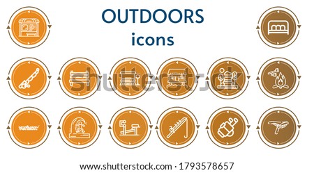Editable 14 outdoors icons for web and mobile. Set of outdoors included icons line Bus stop, Bench, Fishing rod, Cabin, Marshmallow, Verizon, Skimboard, Golf, Saddle