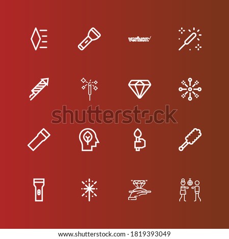 Editable 16 shine icons for web and mobile. Set of shine included icons line Disco, Diamond, Fireworks, Flashlight, Duster, Torch, Inspiration, Sparkle, Verizon on red