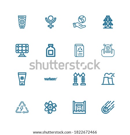 Editable 16 solar icons for web and mobile. Set of solar included icons line Meteorite, Hydro power, Solar system, Energy, Nuclear plant, Electricity, Verizon on white background