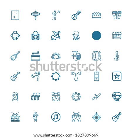 Editable 36 band icons for web and mobile. Set of band included icons line Guitar, Pendant, Drum, Itunes, Trombone, Tambourine, Drums, Parade, Singer, Plaster on white background