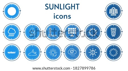 Editable 14 sunlight icons for web and mobile. Set of sunlight included icons line Sun, Solar panel, Rain, Auto flash, Sun cream, Verizon, Moon, Brightness