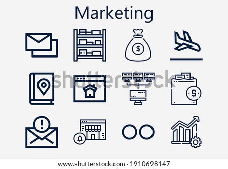 Premium set of marketing [S] icons. Simple marketing icon pack. Stroke vector illustration on a white background. Modern outline style icons collection of Flickr, Homepage, Mail, Mails, Shelves